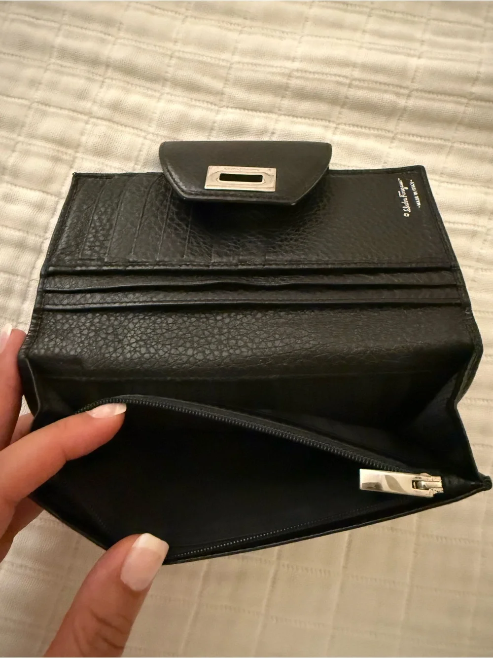 Ferragamo Black Leather Wallet with silver Ring Hardware